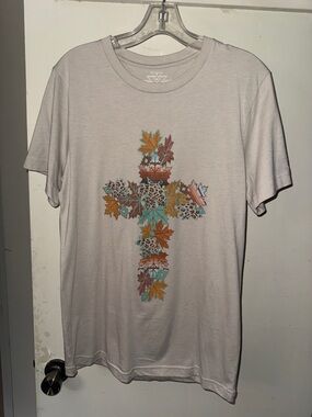 Crazy Train Cream Tee with Teal, Orange, and Brown Leaf Cross